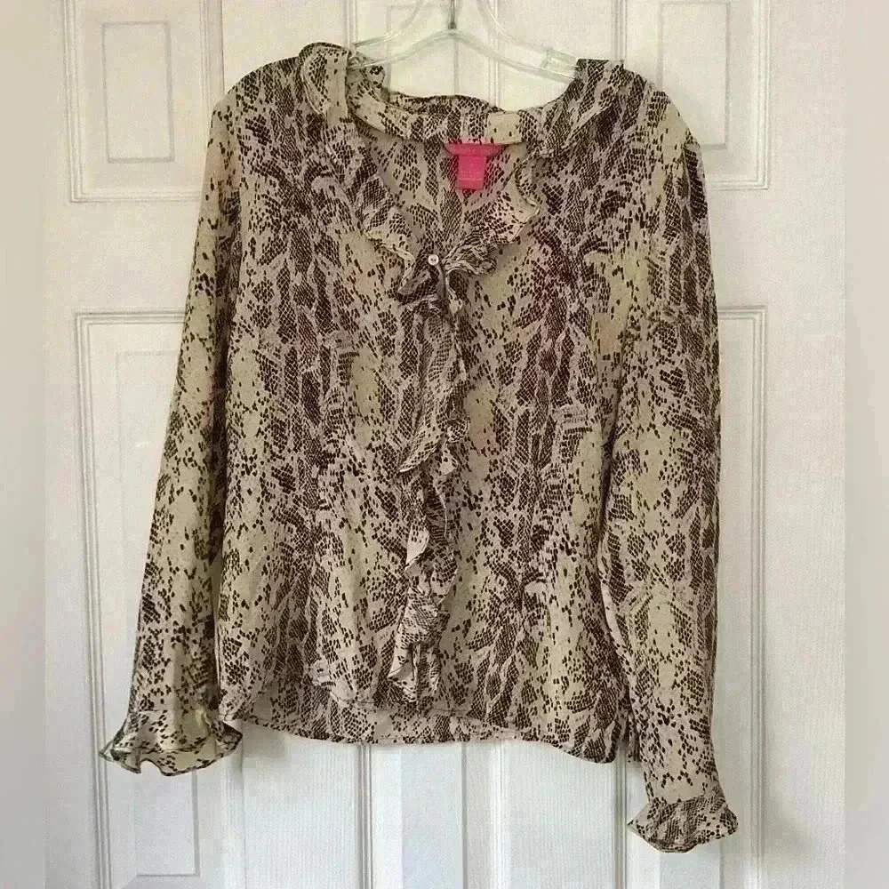 Sunny Leigh 100% Silk Ruffles neck&middle Snake Print Long Sleeve Sheer Blouse M